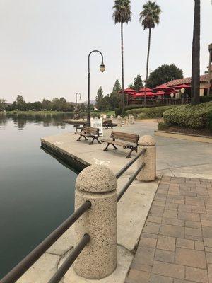 Restaurants to the right with lake view