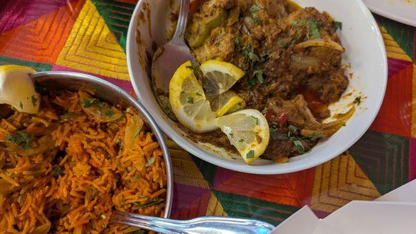 Chicken biryani and punjabi chicken.