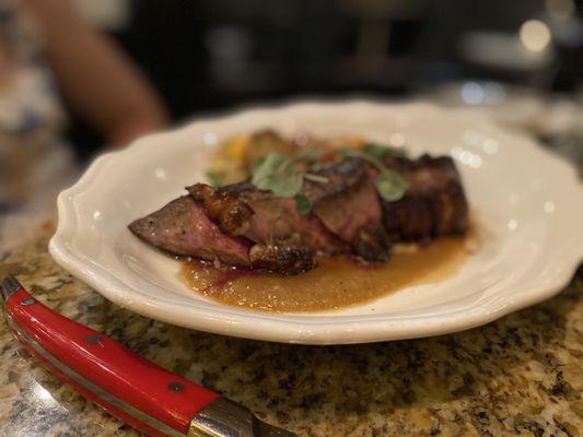 Hanger steak in tarragon cream sauce with root vegetable gratin