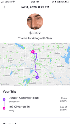 Lyft Fee from the store to home address.