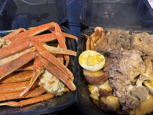 Bre Special - crab legs, shrimp, neck bones, corn, eggs, potatoes (light seasoning, no old bay)