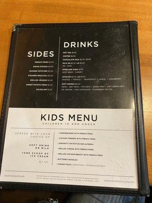 Menu - Sides, drinks & Kids Menu