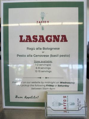 Can order lasagna beforehand online!