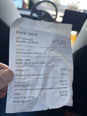 Receipt for my purchase a bag and a necklace