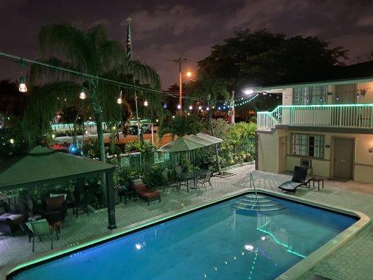 Pool view at night from second floor