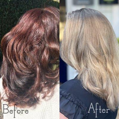 Color correction from red/brown box dye to sandy blonde.