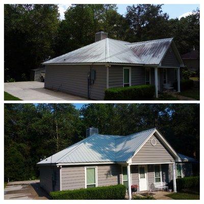 Sheet Metal Roofing cleaning  by Liquid Shine Pressure Washing! Call today for roof cleaning. Ask about our sheet-2-street package