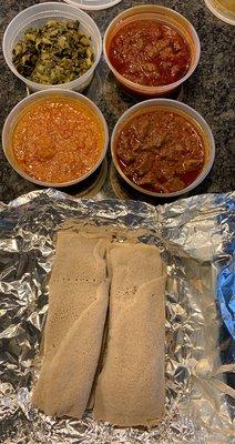 Vegetarian & Meat Combo: Lamb Kaey, Beef Kaey, Gomen, Misser w/ injera