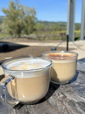 Chai Latte and London Fog Latte with a beautiful view