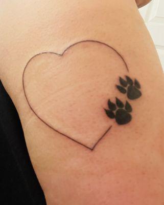 Heart tattoo with paw prints back of arm