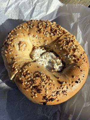 everything bagel toasted with olive pimento cream cheese