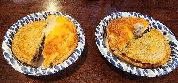 Steak and mushroom, cottage pie. Split in half.