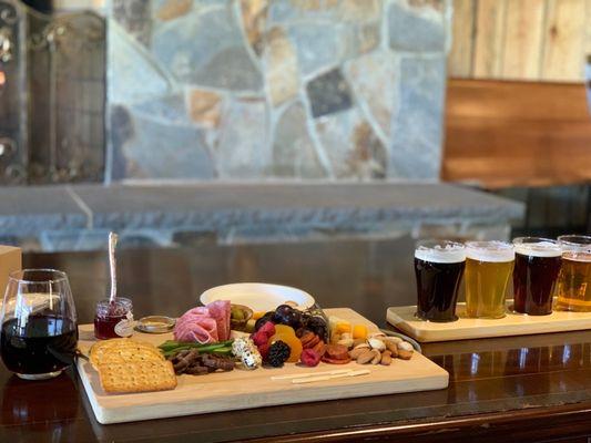 2-Person Charcuterie board; wine (2019 Norton) and a flight of beer (Hay day; Dublin down; Sowing Oats; Brickman mild)