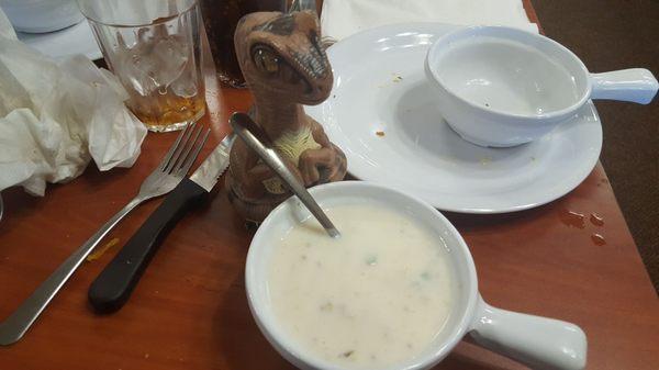 Bob the Raptor Says "Clam Prey lives in this chowder."