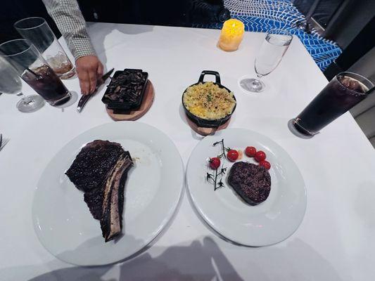 24 oz Ribeye. 8 oz Filet. Wild Mushrooms. Mac n Cheese