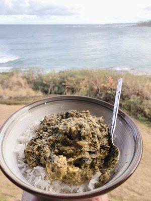 Spinach with homemade cheese - having it on my apartment balcony. Perfect view with awesome food. Yeahhhh.