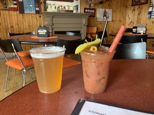 Spicy Bloody Mary with a Spotted Cow chaser.