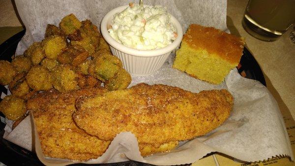 I had the fried catfish with fried okra and cold slaw. , The catfish was fried perfect and the same with the fried okra .