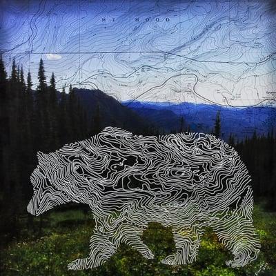 Cascades bear
 Drawn from a map of Mt. Hood - photograph is overlooking the souther cascades.  Multi-dimensional artwork.