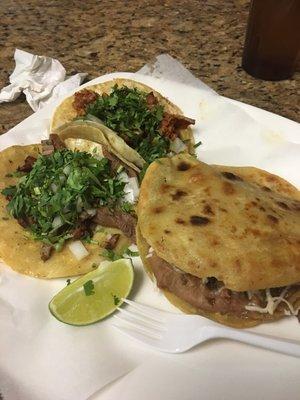 Gordita de Asada, taco de Lengua and taco de al pastor