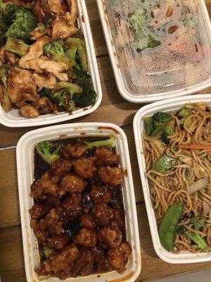 Bottom left: general tso Top left: chicken and broccoli  Right: veggie lo mein