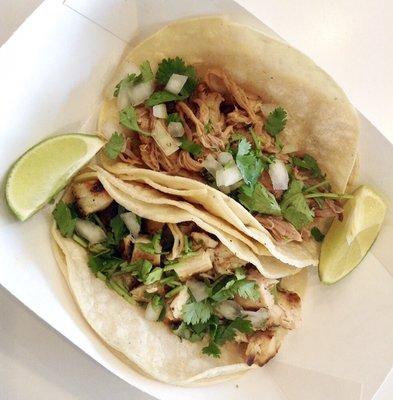 Taco Tuesday tacos:  Grilled Chicken and Pork Carnitas.