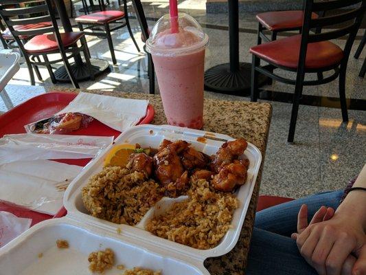 Orange chicken and strawberry boba