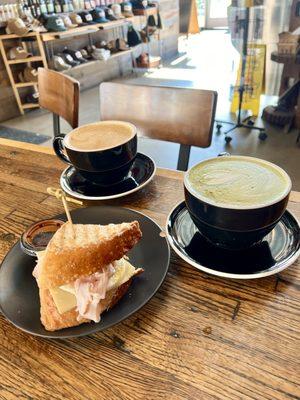 Beautiful Day Breakfast Sandwich - Egg, Turkey, Cheddar & Avocado / Matcha Latte / Honey Lavender Latte