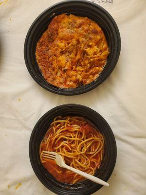 More of the grease pool baked ziti, and the spaghetti side for the chicken parm, undercooked pasta and watery sauce.