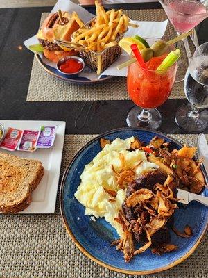 Burger with Fries & Steak and Eggs