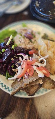 Beets, spanakopita, pita bread, skordalia, gyro