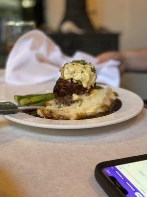 Steak with crab cake mash potatoes and asparagus