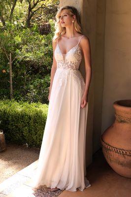 Chiffon and lace wedding gown.