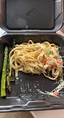 burnt asparagus and a small portion of fettuccine