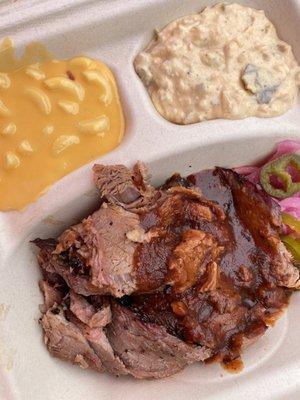 Brisket Plate with Potato Salad and Creamy Mac-N-Cheese