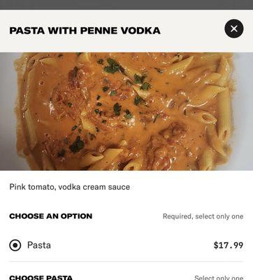 What is on the online ordering menu- what I expect vodka sauce to look like.