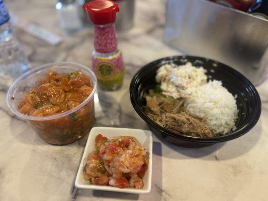 Kids kalua pig, lomi salmon, sweet salmon poke