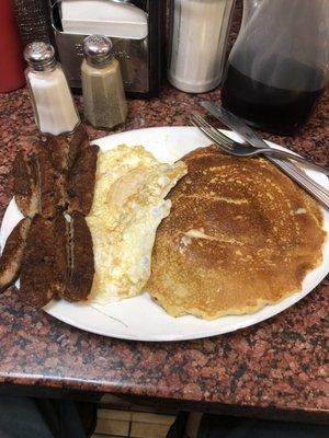 Pork sausage, eggs over easy ,pancakes