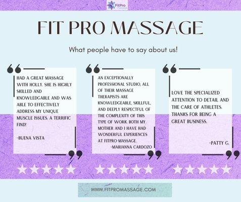 Our clients LOVE us! We look forward to welcoming you to our outstanding practice! Fit Pro Massage in McLean, VA