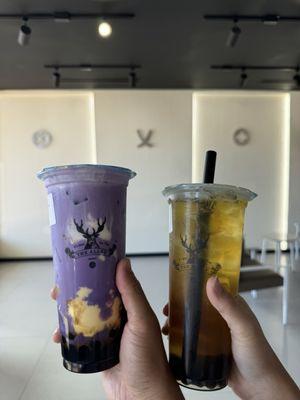 Ube milk tea and jasmine grewn tea