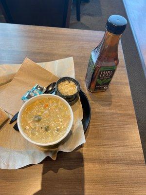 Chicken pot pie soup and bread