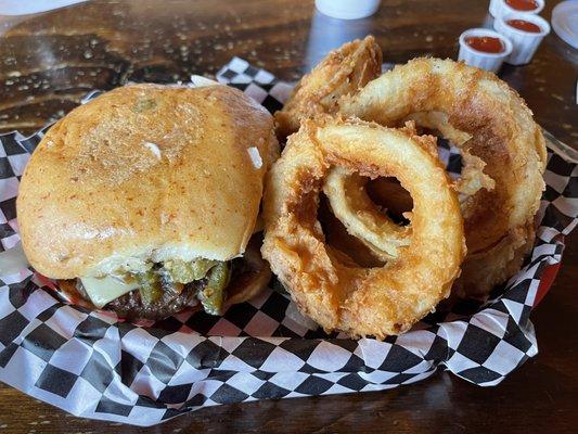 Texan Burger with Jalapeño Cheese Bun and Onion Rings!