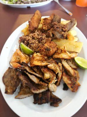 Botanas Plate (Plato De botanas) - Casamiento (Salvadoran Beans and Rice), fried wings, beef, chicken thighs, plantains, french fries, and s