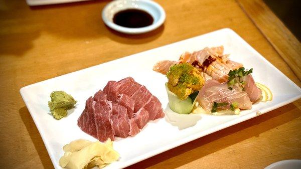 Tuna belly Toro, torched salmon, lemon fish