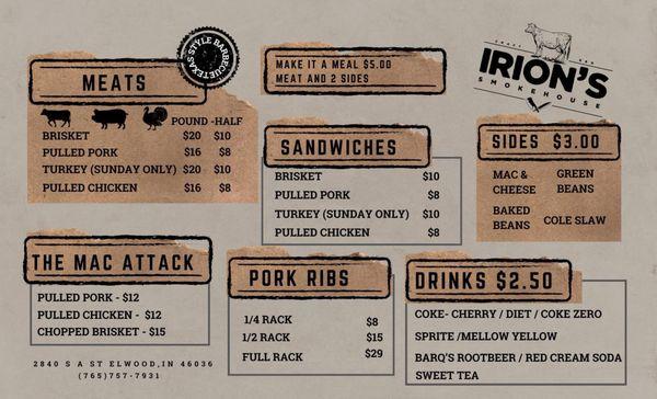 Irion's Smokehouse Menu from Facebook