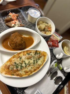 Amazing baked penne pasta, juicy meatballs, carrot cake, chicken potato soup, green tea.