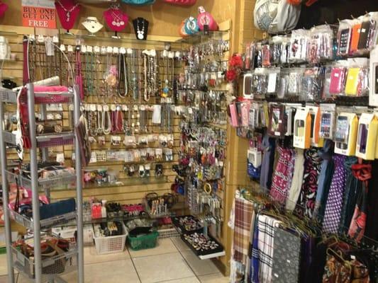 Accessories sold here include jewelry, scarves & phone covers.