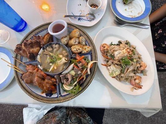 Spicy noodle dish with added prawns and the sampler platter