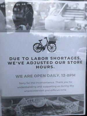 They instantly changed their hours, after already fulfilling a food order for a couple who had arrived before the change. Weird.