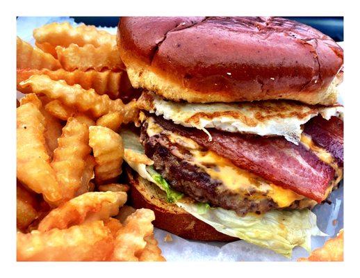 Egg/Bacon Burger! For Hungry Men! Pretty Good! W/Fries (Great btw!)! GT's Fast Food!Gyros Burgers HotDogs Italian Beef Chicken Tacos etc!